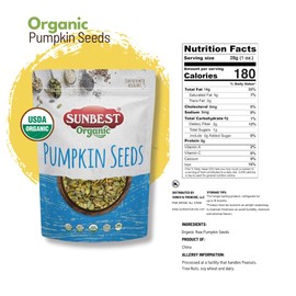 Sunbest Natural Organic Raw Pumpkin Seeds - 2 lb Bulk Bag (32 oz) – USDA Organic, Unsalted Shelled Pepita Seeds – Gluten-Free, Non-GMO, Vegan, Kosher