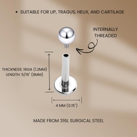 KIWI DAISY 16GA Surgical Steel Labret Stud, Multi CZ Paw Top, 316L Stainless Steel, Monroe Tragus Lip Earring, Tiny Threaded Flat Back Post, (1 Piece)