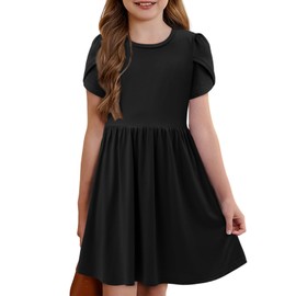 Yoklass Girls Dress Black Short Sleeve Summer Casual A Line Swing Flowy Skater Dress, 8-9 Years
