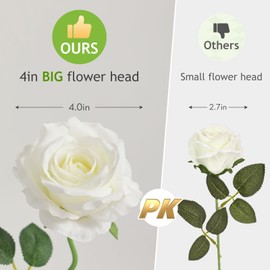 Alecono 𝟮𝟬𝙋𝙘𝙨 Fake Roses, 4in 𝘽𝙞𝙜 𝗩𝗲𝗹𝘃𝗲𝘁 Flower Head White Roses Artificial Flowers with Stems for Wedding Decorations, Fake Roses Bouquet for DIY Home Party Decor