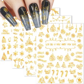 HNUIX Nail Stickers - 3D Christmas, Self Adhesive Nail Decals, Multi Pattern, Gold, 9 Sheets, for Nail Art