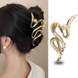1Pcs Large Hair Claw Clips Metal Gold Snake Wave Hair Clips with Pearl Design Strong Hold Hair Jaw Clips for Thick or Thin Hair Irregular Wave Hair Clamp No-slip Grip Clips for Women Hair Accessories
