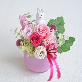 Rabbit Lovely Arrangement, Pearl Glass Pot, Pink, 1 Piece, Preserved Flower, Artificial Flower, Gift, Birthday, Graduation, Celebration, Anniversary, Petite Gift, Return Gift, Thank You, Gift, White