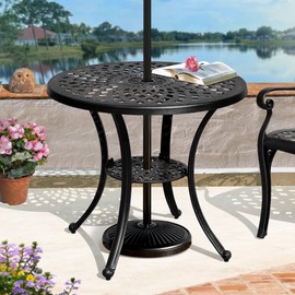 DWVO 30 Inches Round Patio Dining Table with Umbrella Hole, Antique Cast Aluminum Outdoor Bistro Table Outdoor Side Table for Backyard, Garden, Patio, Porch, Black