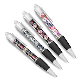 DV DESIGN Set of 4 Sugar Skulls White Ballpoint Pens - Mexican Day of the Dead Cartoon Pattern Floral Themed Boys Girls Men Women Pen #79608