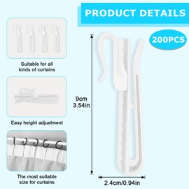 200 Pcs Pinch Pleat Curtain Hooks Adjustable Curtain Hooks Plastic Curtains Pleat Hook Clips Ratchet System Pinch Pleated Curtains Drapery Pin Hook for Window Door Shower