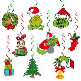 18PCS Christmas Hanging Swirls Green Elf Xmas Foil Ceiling Swirls Funny Green Whoville Ceiling Streamers for Winter Holiday Christmas Hanging Decorations Party Supplies