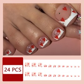 Valentines Day Heart Press on Toenails Short Square Fake Toe Nails White French Tip Rhinestone Red Heart False Toenails Full Cover Stick on Toenails Artificial Toenails for Women Girls Manicure 24Pcs