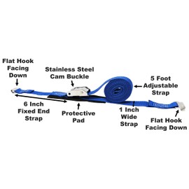 CustomTieDowns 1 Inch x 8.5 Foot Cam Buckle Tie Down, Protective Pad Under Stainless Steel Cam Buckle, Stainless Steel Flat Hook Facing Down On Both Ends. (Blue)