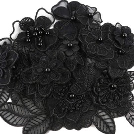 XUNHUI Black 3D Floral Embroidery Applique Beaded Pearl Tulle DIY Wedding Dress Sewing Clothing Applique Lace Costumes Decoration Patch 1Set/12Pieces
