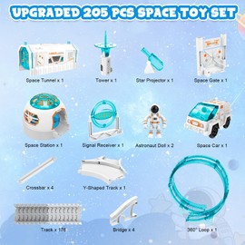 KIZJORYA Construction Race Track, Space Train Track Set, 205 PCS DIY Flexible Tracks Play Set for Boys 4-7 with Light up Space Car Station Astronaut, for Toddlers Kids Girls 3-12