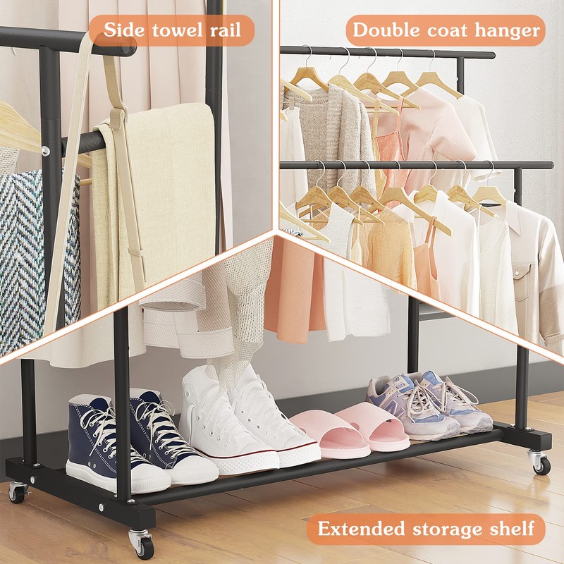Calmootey Double Rod Clothing Garment Rack,Rolling Hanging Clothes Rack,Portable Clothes