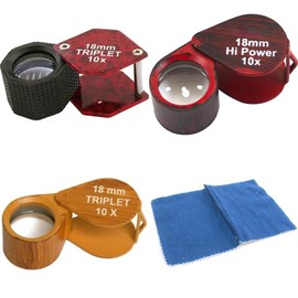 3 10X Jewelers Loupes Red, Black & Wood Grain + Polishing Cloth