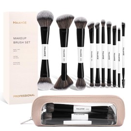 MAANGE Set de Brochas de Maquillaje, 10PCS Brochas para Maquillaje de Doble Punta para Pulir Líquidos, Cremas, Polvos, Difuminar y Contornear con Neceser y Caja(Blanco)