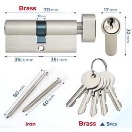 Hengsong 35T/35 Euro-Cylinder Brass,Lock-Thumb-Turn,with 5 Keys,Anti-Bump, Anti-Drill, Anti-Pick,for Wooden-UPVC-Composite-Doors,7cmx1.7xmx3.2cm