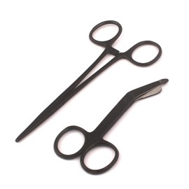 Heavy Duty Color Black Lister Bandage Trauma Shears Scissors + Hemostat Forceps Straight Premium Quality (Precise Canada) (3.5" Scissors + 5" Straight Hemostat)