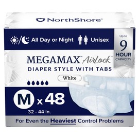 NorthShore MegaMax AirLock Breathable 9-Hour Heavy-Duty Tab-Style Adult Diapers, Medium, 48 Count Case, White, 32-44 inches, Unisex Incontinence Underwear