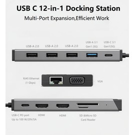 12-in-1 USB C Docking Station, 4K@60Hz 3-Way Display HDMI/VGA, 4X USB, Gigabit LAN, 100W PD, SD/TF Card Reader, for Laptops/PC