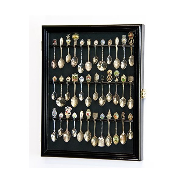 36 Spoon Display Case Wall Rack Cabinet Holder Box 98% UV - Lockable -Black Finish