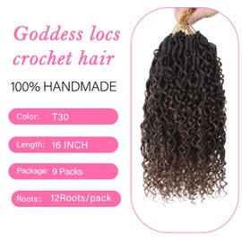 Sosihua Goddess locs crochet hair, 9 packs soft boho faux locs with curly ends bohemian crochet dreads for black women(16Inch,#T30)