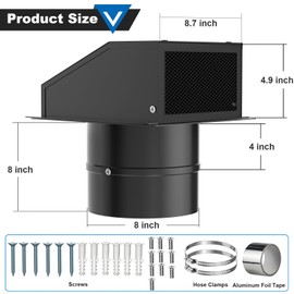 8 Inch Wall Vent with Screen and Damper, Galvanized Steel Hooded Wall Vent Cover with Hose Clamps Aluminum Foil Tape Screws Black Metal Exhaust Duct Cap Kit for Outdoor Kitchen Range Hood Bathroom