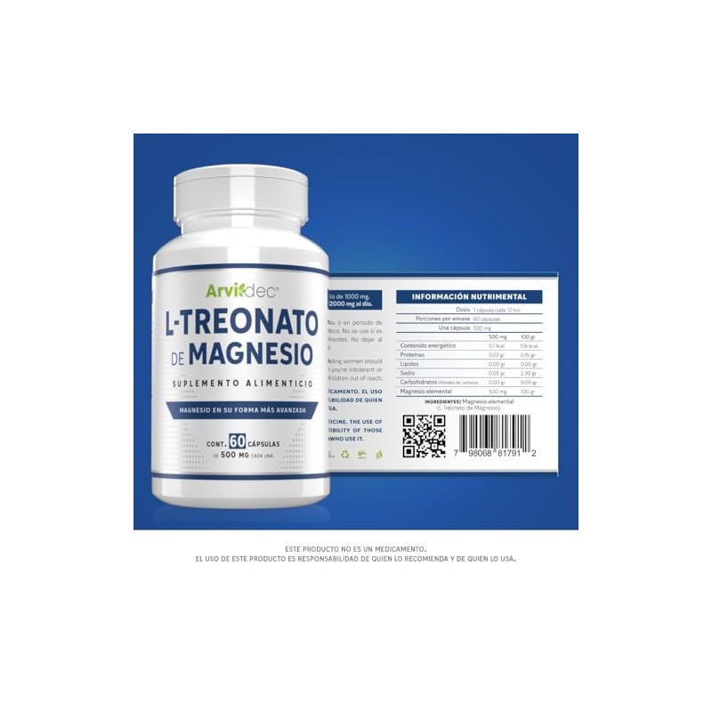 L-Treonato de Magnesio - 60 Cápsulas de 500 mg -