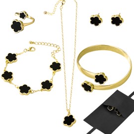 GyovinnJuwanua Lucky Flower Alloy Jewelry - 5Pcs Lucky Flower Design Necklace Earrings Bracelet Bangle Ring Jewelry Set, Clover Gold Plated Chain Wrap Ornament & Plush Pouch for Women (Black)