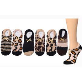 Tipi Toe Women's 6 Pairs Cozy Microfiber Anti-Skid Leopard Cheetah Striped Patterned Colored Soft Fuzzy Ankle Slipper Socks, FZ35-T1