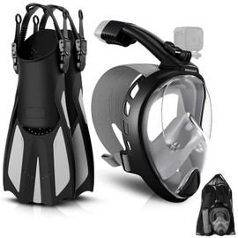 Odoland Snorkeling Packages for Adults & Youth, Full Face Snorkel Mask with Camera Mount, Adjustable Swim Fins, Mesh Bag, Anti-Fog Anti-Leak Scuba Diving Gear for Men & Women, Black L