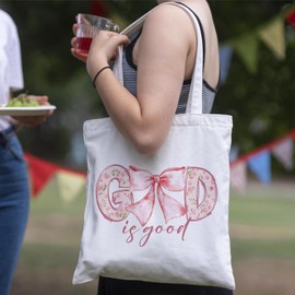 JINYO Coquette Preppy Pink Bow Canvas Tote Bag, God is Good Floral Christian Tote Bags for Women, Faith Based Gifts, Aesthetic Girly Reusable Grocery Bags Shopping Bag