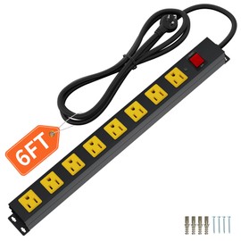 8 Outlet Long Power Strip -2100J Surge Protector Heavy Duty 6FT Extension Cord and Wall Mount Metal PowerStrip for Home Office Workbench Garage Workshop
