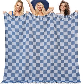 Genovega Oversized Giant Turkish Beach Towel Blanket Extra Large XXL Lightweight Quick Dry Sand Free Boho Throw Pool Cloud Sandrpoof Blankets Women Men Big Jumbo Wide 2 Person Size Grid Dark Blue