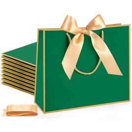 Silkfly 12 Pcs Thank You Gift Bags with Handles 11.8 x 10 x 4'' Elegant Gift Bags with Bow Ribbon for Wedding Fall Thanksgiving Christmas Baby Shower Birthday Housewarming Gifts(Dark Green)