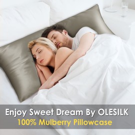 OLESILK Silk Body Pillowcase 20x54 Zippered: 100% Mulberry Silk for Hair and Skin, Breathable and Soft for Pregnant and Family, Taupe