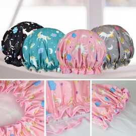 1 Pack Shower Cap for Women, Oil-proof Caps, Double Layers Waterproof Reusable Bath Caps With Ruffled Edge Covering for Girls, Women, Ladies, Kids (LightBlue Unicorn)
