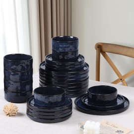 LIANYU 24 Pcs Plates and Bowls Sets for 8, Stoneware Dinnerware Dish Set, Dinner Dishware for Dessert Salad Pasta, Microwave & Dishwasher Safe, Cetacean Blue