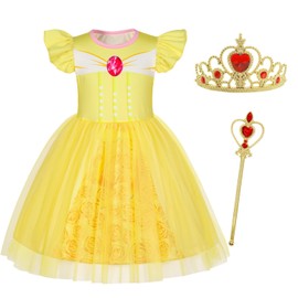Jurebecia Princess Dress Up for Girls Belle Costume Dress with Accessories Kids Role Play Party Outfits 4-5 Years