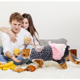 Dog Costume Dress M, Black Floral Top with Pink Tulle Skirt and Bow, Glitter Heart Pet Outfit for 8-9 lbs Dogs and Cats, Romantic Holiday Clothing