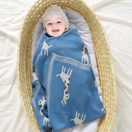 mimixiong Baby Blanket for Newborn - 100% Cotton Knit Soft Baby Blankets Baby Gifts - Baby Essentials for Newborn, 80x100cm Giraffe Denim blue