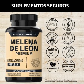 Hongo Melena De León | Extracto Proveniente Del Micelio Con 30% De Polisacáridos + Piperina (pimienta Negra) - Lions Mane - Hongos Funcionales Adaptógenos - Vitaminas Mujer / Hombre | 60 Cápsulas