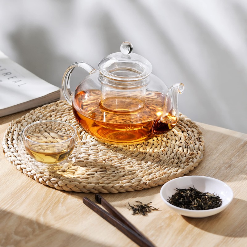 CnGlass 33.8oz Glass Teapot with Removable Infuser,Stovetop Safe Tea Kettle,Blooming