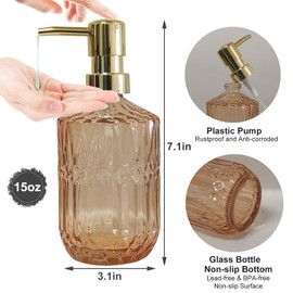 Glass Soap Dispenser with Gold Pump, 15oz Liquid Hand Dispenser, Refillable Lotion Dish Soap Dispenser for Modern Home Decor, Bathroom, Kitchen Countertop, Hotel(Amber)