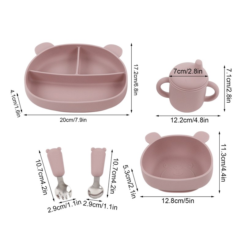 5pcs Baby Feeding Kit Food Grade Silicone Bear Design Plate