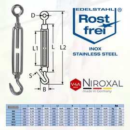 Pack of 2 Stainless Steel Turnbuckles with Hook and Eye Rust-Proof V4A in Accordance with DIN 1480 1478 Rope Tensioner Hook Eye Screw Tensioner Tensioning Screw M 8 mm