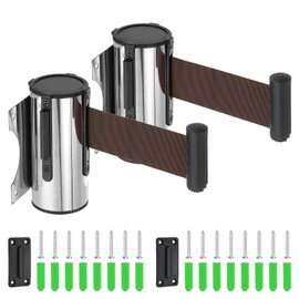 MECCANIXITY Fixed Wall Mount Retractable Belt Barrier, 6.56 ft Fixed Crowd Control Retractable Belts for Queue Retail Store Stadium Brown Belt with Steel Case Pack of 2