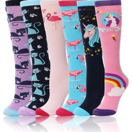 ANTSANG Girls' Knee Socks 6 Pairs for Children Gifts Long Funny Children's Socks Animal Cotton Socks 3-12 Years, Cats/Flamingo/Unicorn
