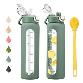chunmo 24 oz Glass Water Bottle with 2 Lids-Handle Spout Lid & Straw Lid, Motivational Water Bottle with Time Marker and Silicone Sleeve,Leakproof-Olive-1 Pack
