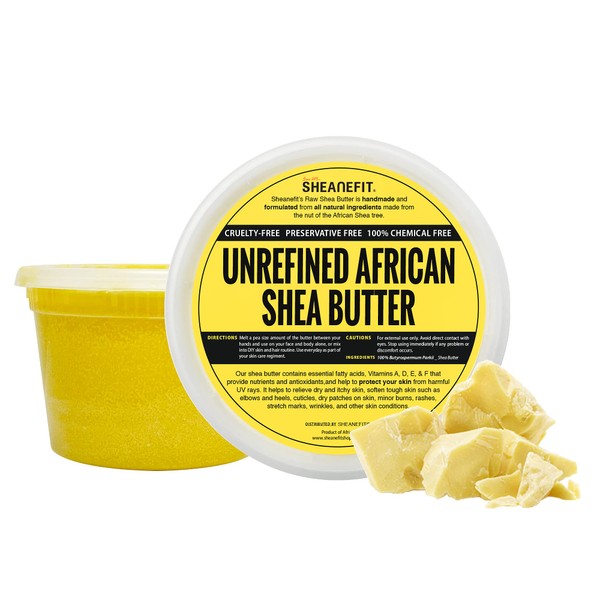 Sheanefit Raw Unrefined African Shea Butter in Containers Great Moisturizer, Hair Mask, Soften Tough Skin (Yellow - 16 Oz)