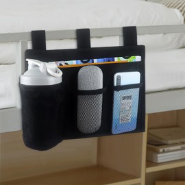 LUWOO Bedside Storage Caddy, 4 Pocket Hanging Organizer for Bunk, Hospital Beds, College Dorm, Bed Rails with Cup Holder, Bedside Caddy for Magazine, Phone, Remote Control (Black)