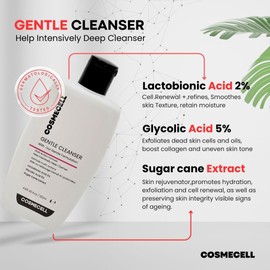 Cosmecell Gentle Cleanser with Lactobionic Acid 2%, Glycolic Acid 5%, and Sugar Cane Extract, 4.05 fl oz